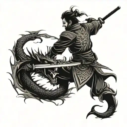 Dragon And Samurai Warrior Wielding