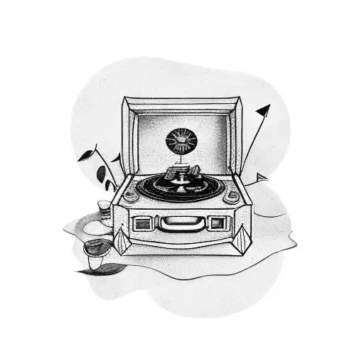 Create A Tattoo Design That Features A Vintage Record Player With Grungy Music Playing