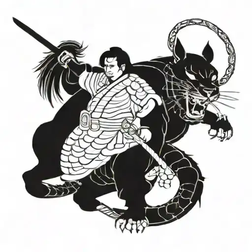 Samurai With A Panther With Two Dates Around Them There Is Supposed To Be A Snake
