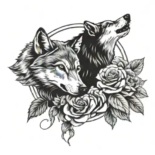 Wolves With Skull And Roses And Crescent Moon Surrounded