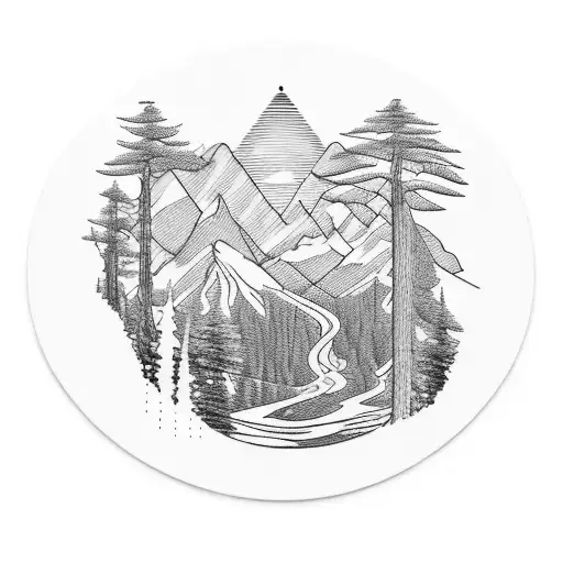 A Tattoo Of A Mountain Landscape With A Winding Trail And A Hidden Musical Note Within The Scenery