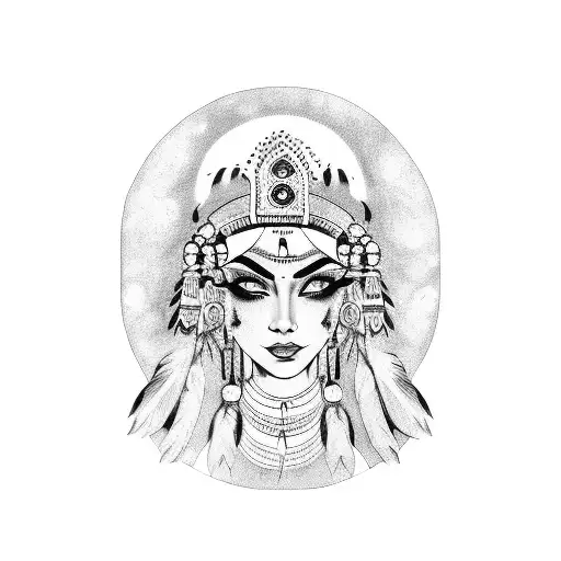 Woman With Indian Headdress With Three Moons On Face And Blue Eyes Tattoo