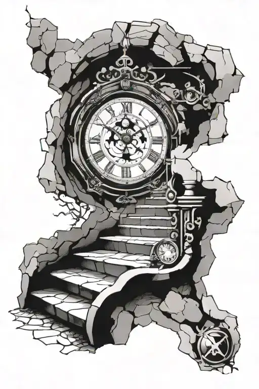 Old Stone Stairs Leading To A Broken Clock