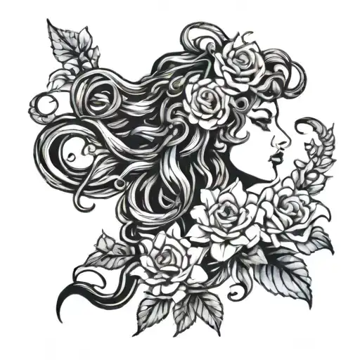 A Medusa With A Bouquet Of Flowers Emerging From Her Hair Tattoo