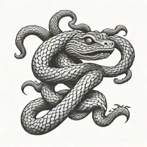 A Stylized Blackwork Snake Tattoo With Medusa's Face Hidden Within The Scales