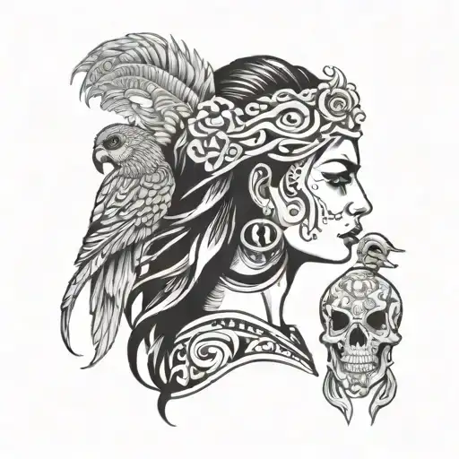 Woman Mexican Good Whit A Quetzal In Him Head Profile Holding Tattoo