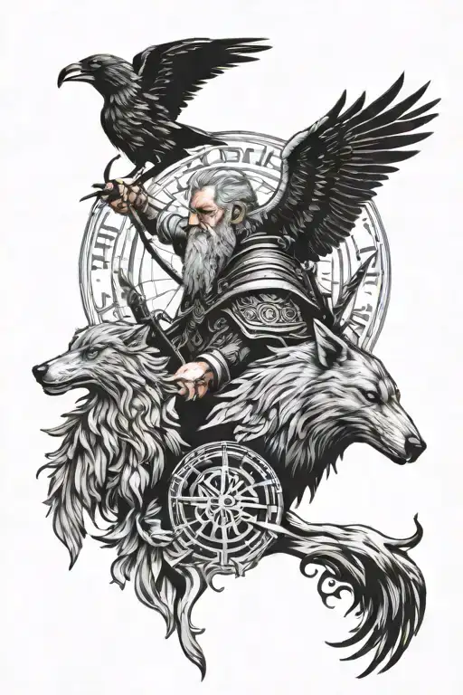 Odin With Ravens And Wolves