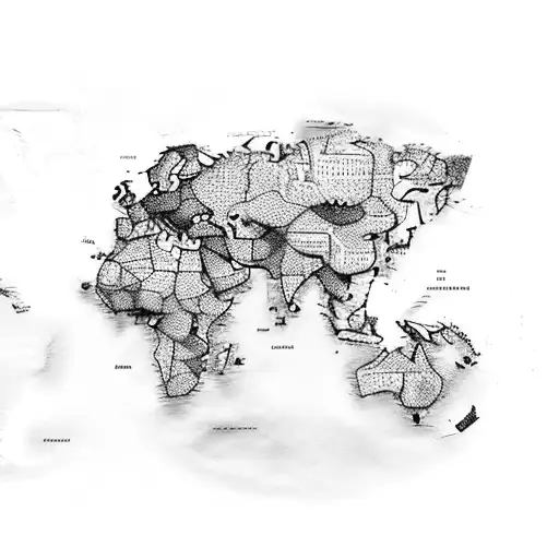 World Map Filled With Different Genres Of Music Symbols Tattoo