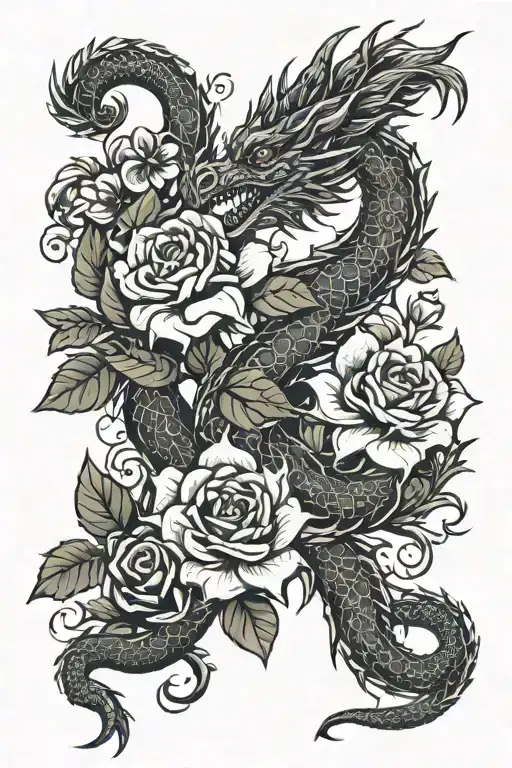 Flowers And Dragon Intertwined