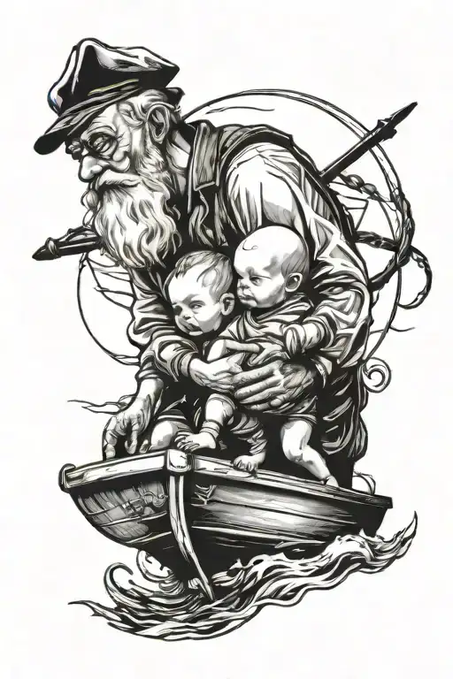 Old Man Holding A Baby On A Boat Floating