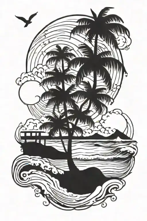 A Beach Scene With Palm Trees And Waves Forming The Shape Of Anime Characters