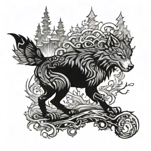 Wolf And Small Dragon In The Background