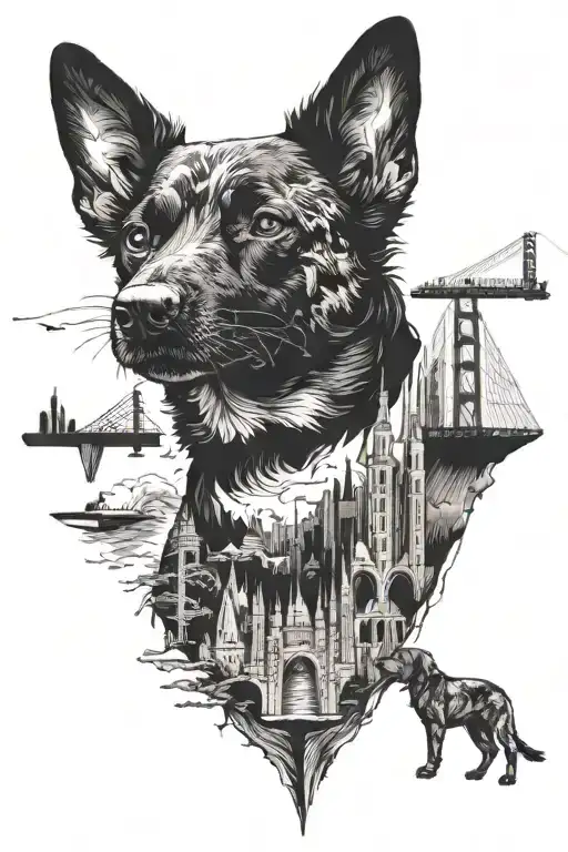 A Blackwork Tattoo Of A Dog Exploring Different Landmarks From Around The World