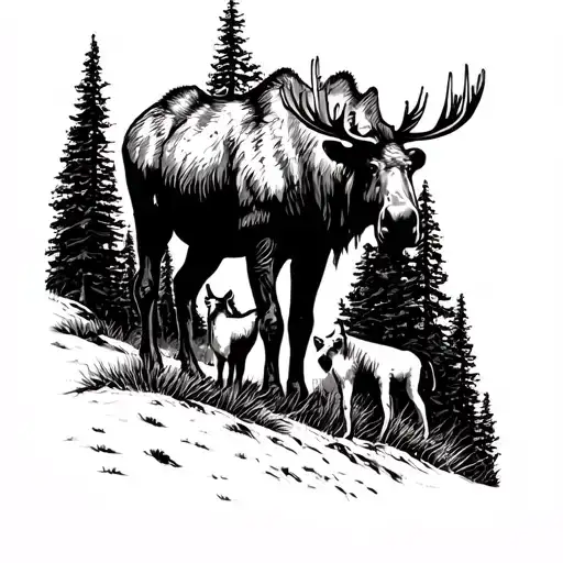 Outline Of Grand Tetons With Father And Mother Moose With Baby Moose