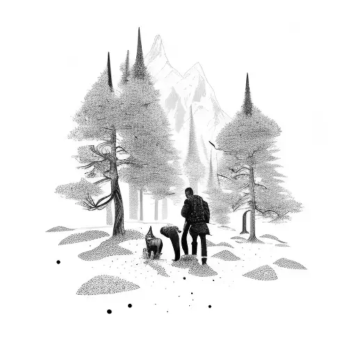 An Intense Adventure Scene With A Couple And Their Dog Exploring A Mysterious Forest