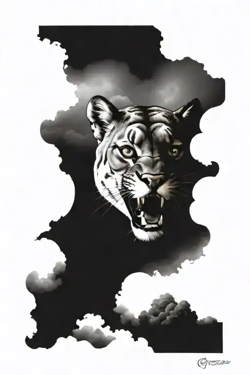 Cougar Snarling Surrounded By Dark Clouds Forming The Shape