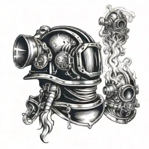 Firefighter Helmet Engulfed In Flames With A Navy Deep Sea Diver Helmet Integrated Into The Design