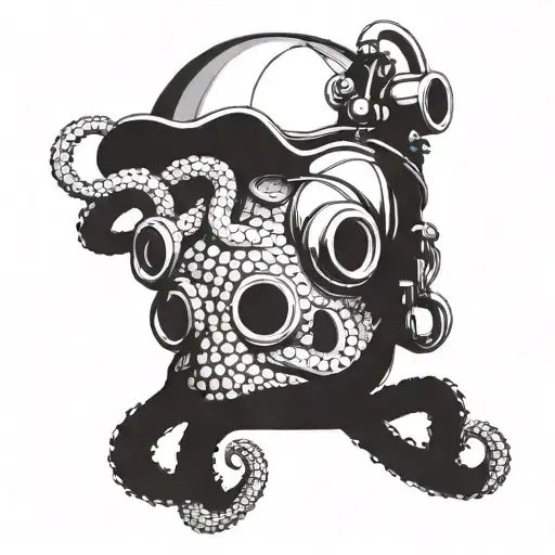 Octopus Wrapping Its Tentacles Around A Firefighter's Helmet And A Navy Deep Sea Diver's Helmet