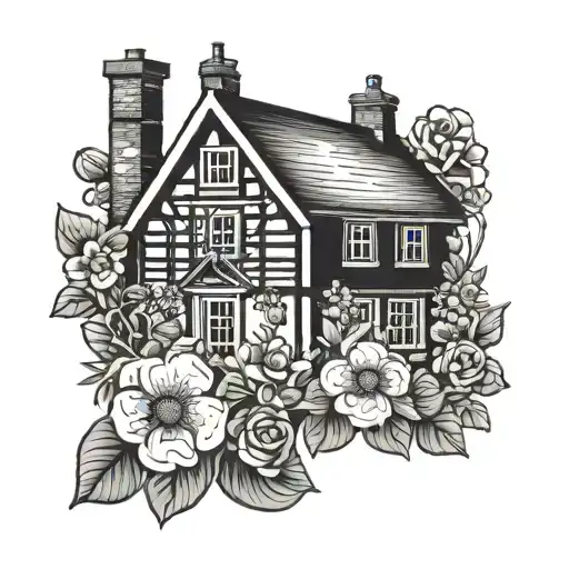 A Blackwork Tattoo Of A Traditional Irish Cottage Surrounded By Roses And Daisies