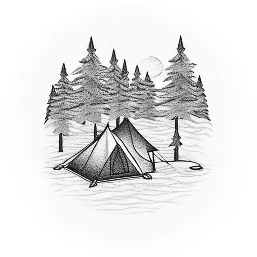 Small Private Airplane Flying Over Dense Forest With A Small Campfire And Tent Visible Beside A Lake