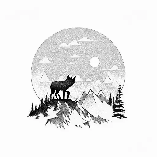 Silhouette Of Forest With Wolf In The Forefront And Sunset In The Backgroud Maybe With The Mountains