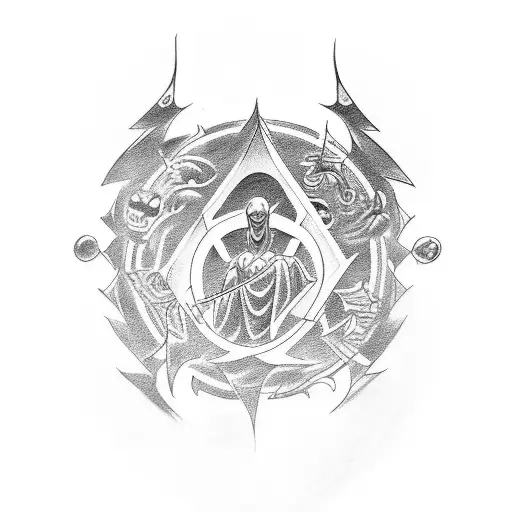 A Tattoo Featuring A God An Alien Figure Surrounded By Mythology Symbols And Sigils