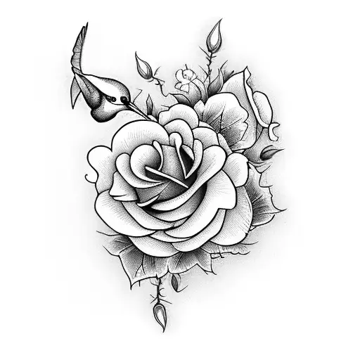 Rose With Hummingbird And A Daffodil