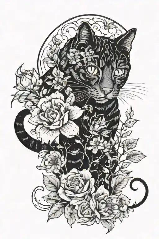 Flowers And Cat And Moon