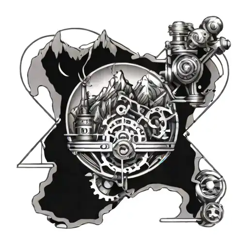 Design A Tattoo Featuring A Mountain Peak Morphing Into A Mechanical Engine