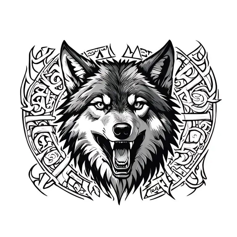 Wolf's Head With A Snarl On The Background Of Slavic Runes