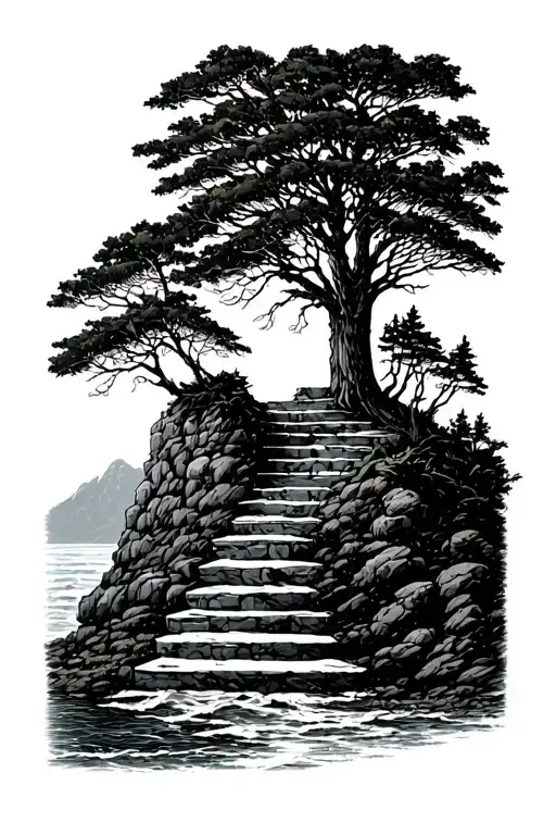 Bookshelf Steps Leading Into Forest Against Ocean Cliffs