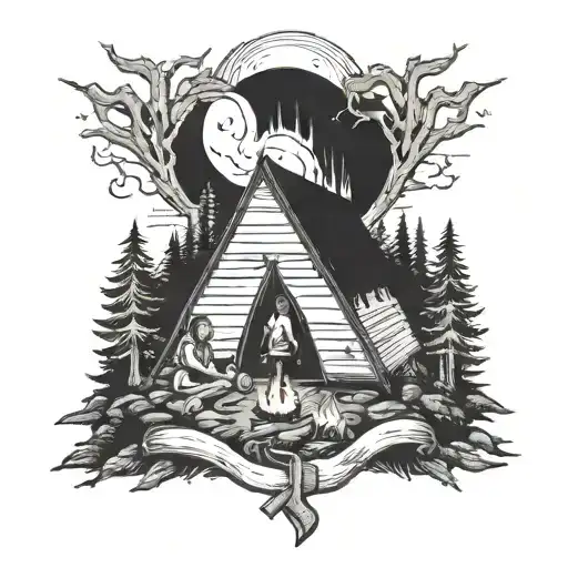 A Family Camping Scene With A Sacred Heart Symbol In The Background