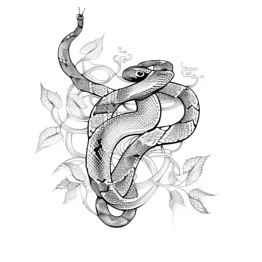 A Design Of A Snake Intertwined With Vines And Flowers