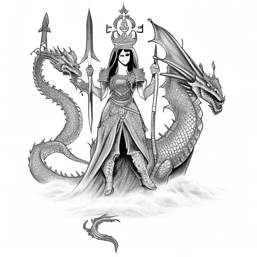 Women In Dress Holding A Crown And Fighting A Dragon With A Sword