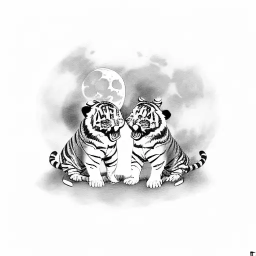 Two Tiger Cubs Playing Under A Full Moon