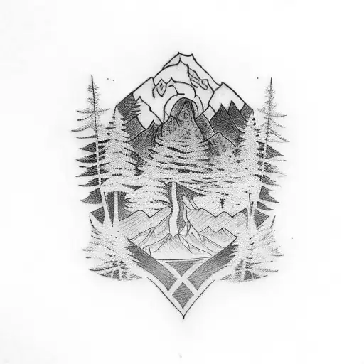 A Tattoo Design Combining A Police Badge With Elements Of Nature Such As Trees And Mountains
