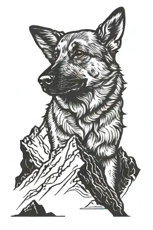 A Minimalist Design Of A German Shepard Service Dog Standing On A Mountain Peak
