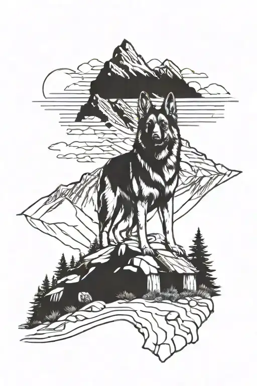 German Shepherd Service Dog Standing On Mountain Landscape With Cabin