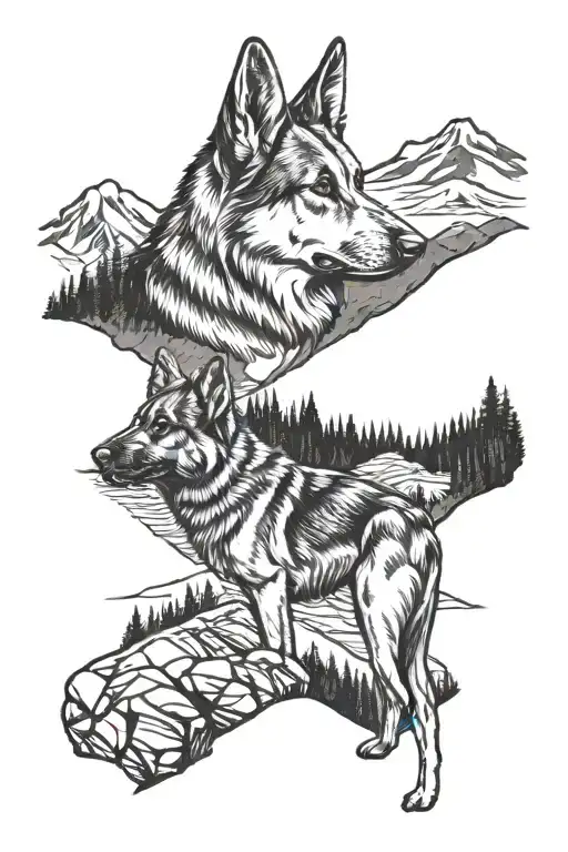 German Shepherd Service Dog Standing On Mountain Landscape With Cabin