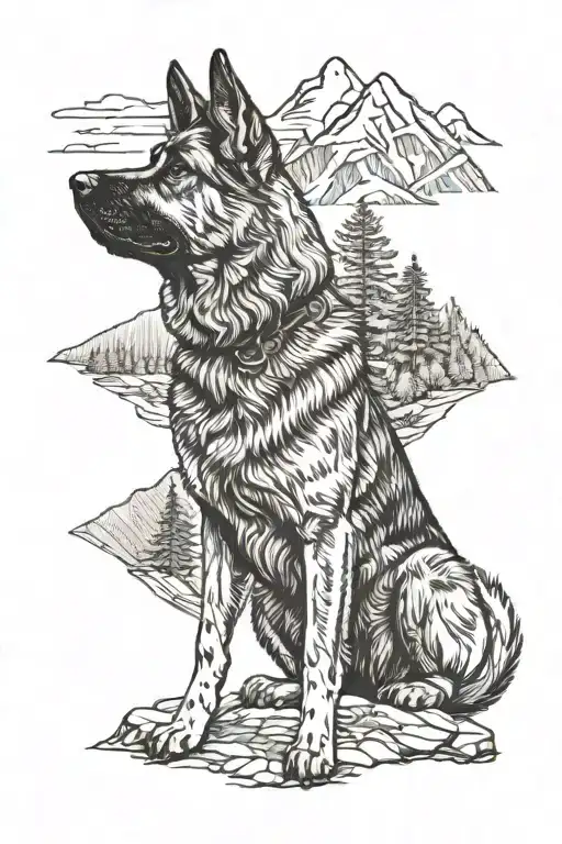 German Shepherd Service Dog Standing On Mountain Landscape With Cabin