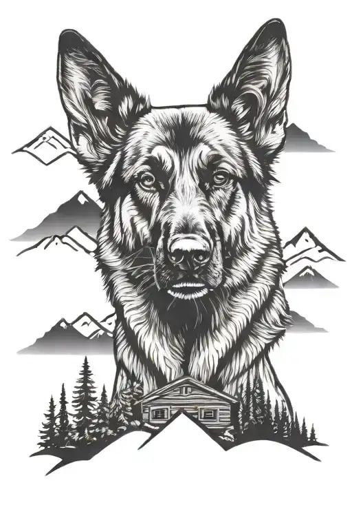 German Shepherd Service Dog Standing On Mountain Landscape With Cabin