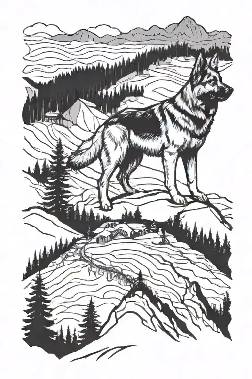 German Shepherd Service Dog Standing On Mountain Landscape With Cabin