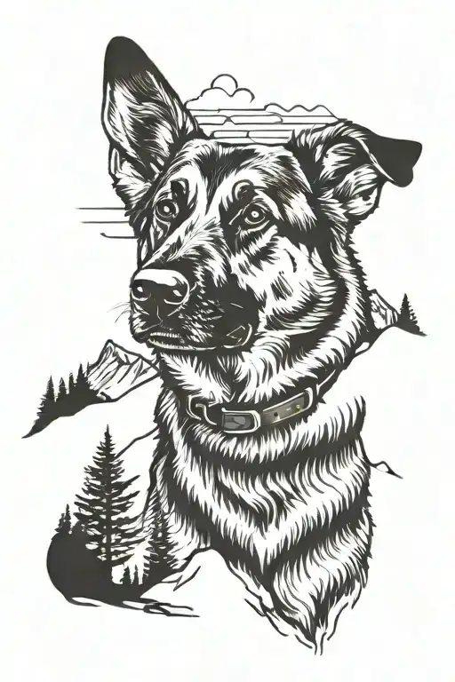 German Shepherd Service Dog Standing On Mountain Landscape With Cabin