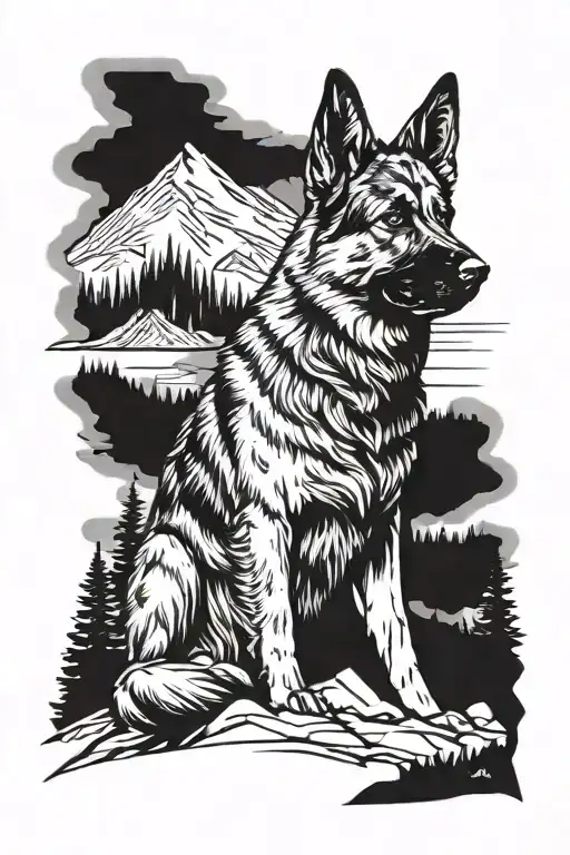 German Shepherd Service Dog Standing On Mountain Landscape With Cabin