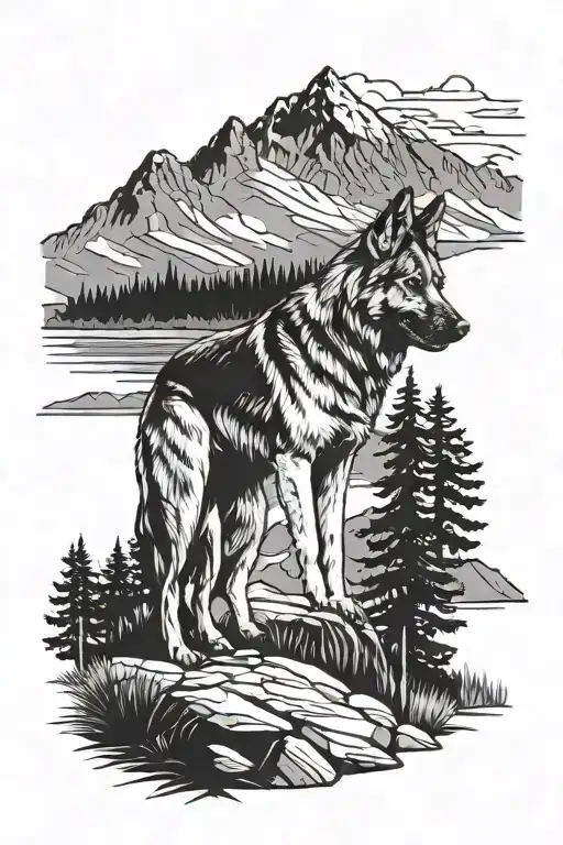 German Shepherd Service Dog Standing On Mountain Landscape With Cabin