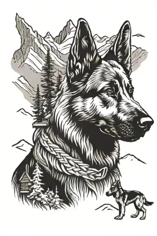 German Shepherd Service Dog Standing On Mountain Landscape With Cabin