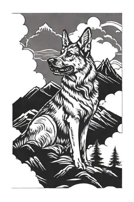 German Shepherd Service Dog Standing On Mountain Landscape With Cabin