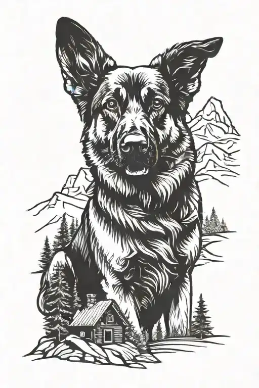 German Shepherd Service Dog Standing On Mountain Landscape With Cabin