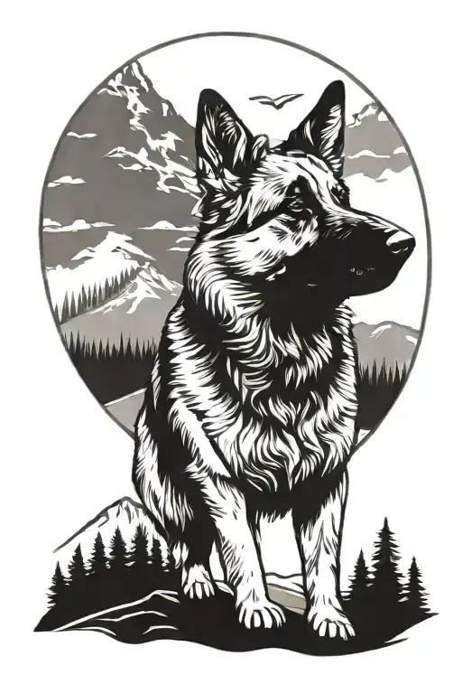 German Shepherd Service Dog Standing On Mountain Landscape With Cabin