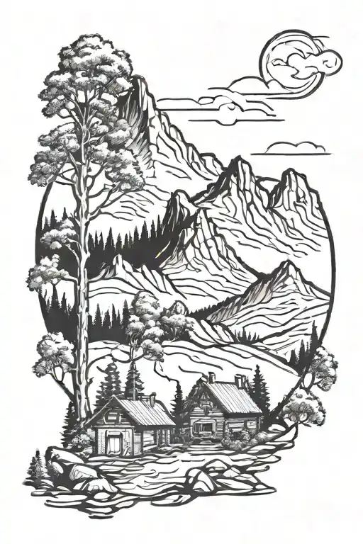 Mountain Range With Cabin And Trees